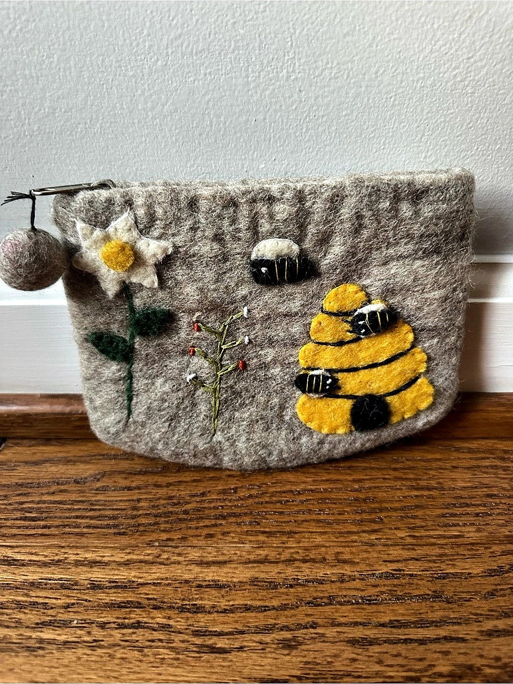 Embroidered Bee Clutch in Gray & Yellow from Ireland